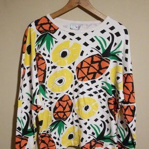 Vintage French Navy Long Sleeve Shirt Fun Design Pineapples Women's Size M